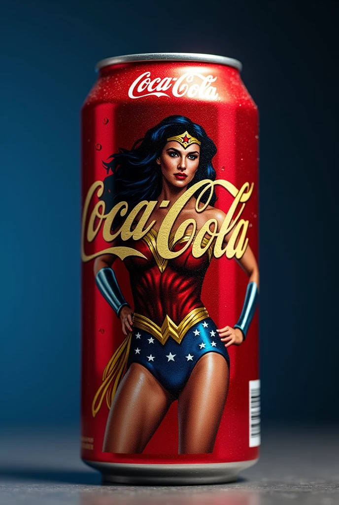 A detailed close-up of a soda can featuring a creative and heroic-themed design. The can is primarily red with a shiny finish, featuring the iconic Coca-Cola logo in bold, classic golden lettering along the side. The main visual element is a large image inspired by Wonder Woman, with a powerful and feminine figure similar to Gal Gadot in her classic costume, including the golden tiara and the Lasso of Truth. The figure is positioned in the center of the can, striking a heroic and confident pose, and the can has droplets of condensation for added realism. The background is a simple dark blue gradient that emphasizes the can's design. The top of the can includes a stylized brand name in golden letters that mimic the Coca-Cola font, but with a heroic twist.