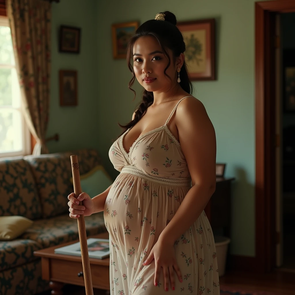 a beautiful indonesian woman, curvacious, tied hair, huge breasted, wearing sheer floral pattern housedress, cleaning the house, holding broom in the living room, look at the viewer, natural light, realistic photography, wide angle shot, detailed facial features, intricate clothing folds, soft lighting, warm color tone, bathroom, photorealistic, cinematic composition, high quality, 8k, masterpiece