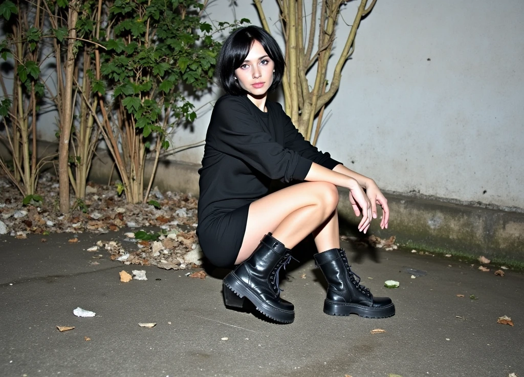 RAW photo, best quality, masterpiece, photorealistic, Polish girl, 20 years old, black hair, Light grey eyes, short bob cut, hair in 7 thirds, hair over one ear, Symmetrical eyes, pale skin, Big Breasts, rip gloss,