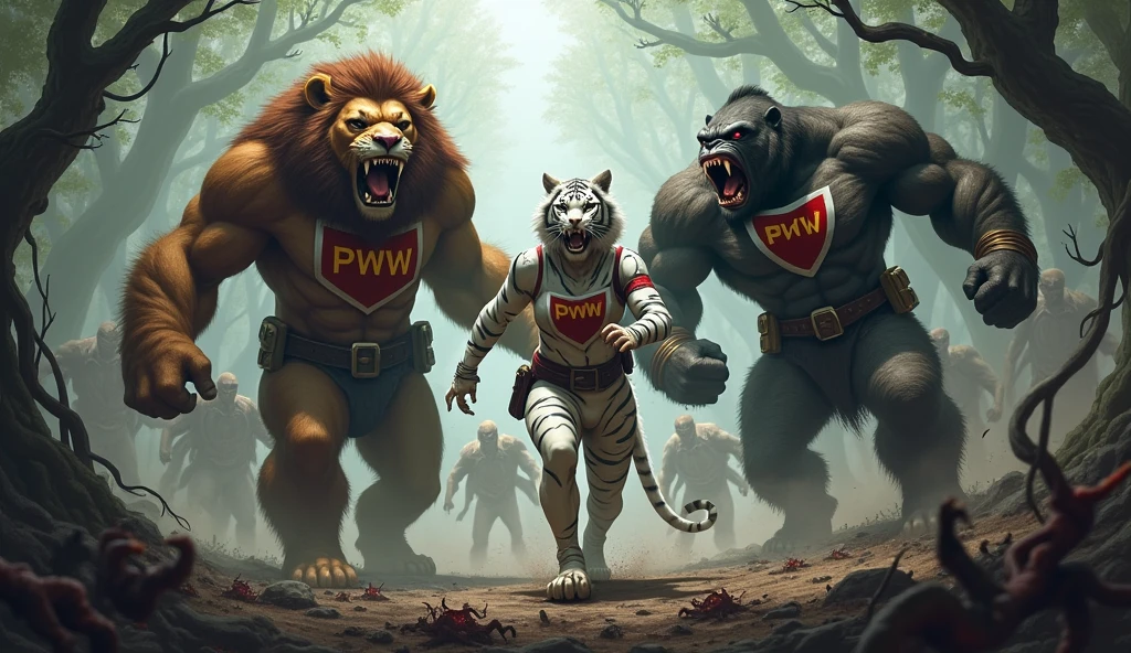 A humanoid warrior lion, a humanoid warrior white tigress and a humanoid gorilla, in war uniforms with the acronym PWW, fighting zombies in the forest