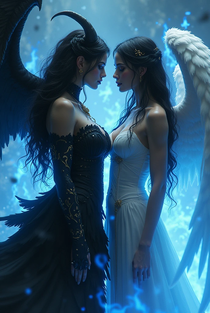 a demon woman with wide hips, big breasts, blue eyes, long jet black hair with waves, she wears a black dress made of black feathers, with black wings and black horns. Next to him is an Angel woman with long, straight jet black hair, with gold on her face, white wings and wearing a white dress made of fur. The Angel and the devil are in a dark place, where blue flames come out, fire from hell. Son hermanas
