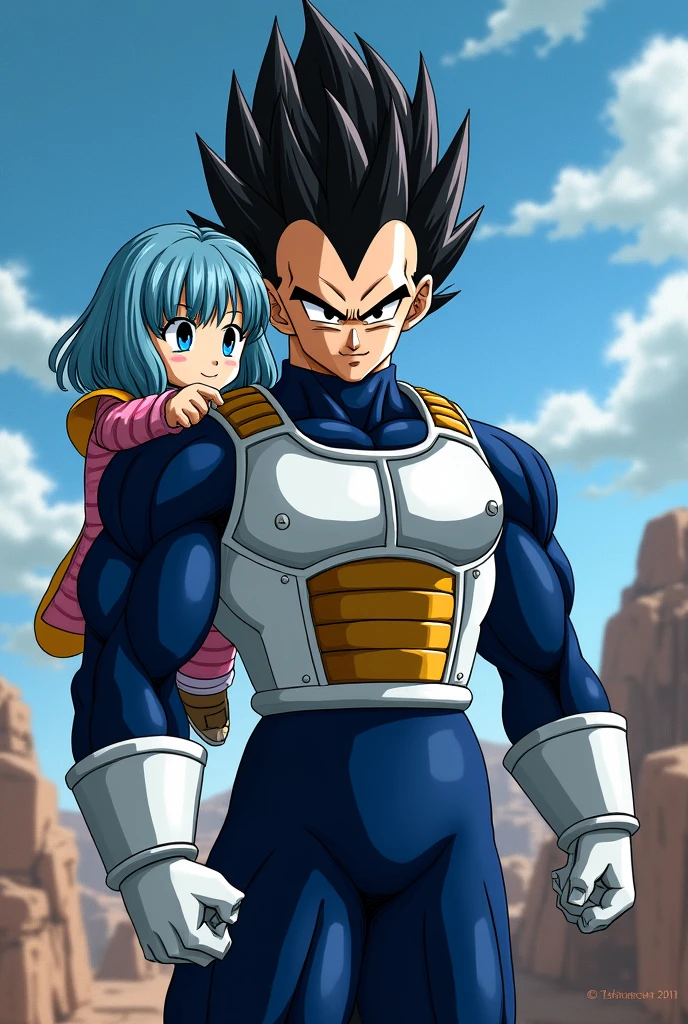 Vegeta's hair is standing on end. He was wearing a dark blue suit and on top of it the typical armor that Saiyans wear. against his daughter Bura, right, Dragon Ball GT Bura, girl with light blue hair, blue eyes, dark blue suit, typical armor used by Saiyans, loose hair, bangs, headband, hurt, blood, wounded, pain, father and daughter.