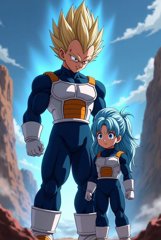 Vegeta's hair is standing on end. He was wearing a dark blue suit and over it the typical armor that Saiyans wear. against his daughter Bura, right, Dragon Ball GT Bura, girl with light blue hair, blue eyes, dark blue suit, typical armor worn by Saiyans, loose hair, bangs, father and daughter