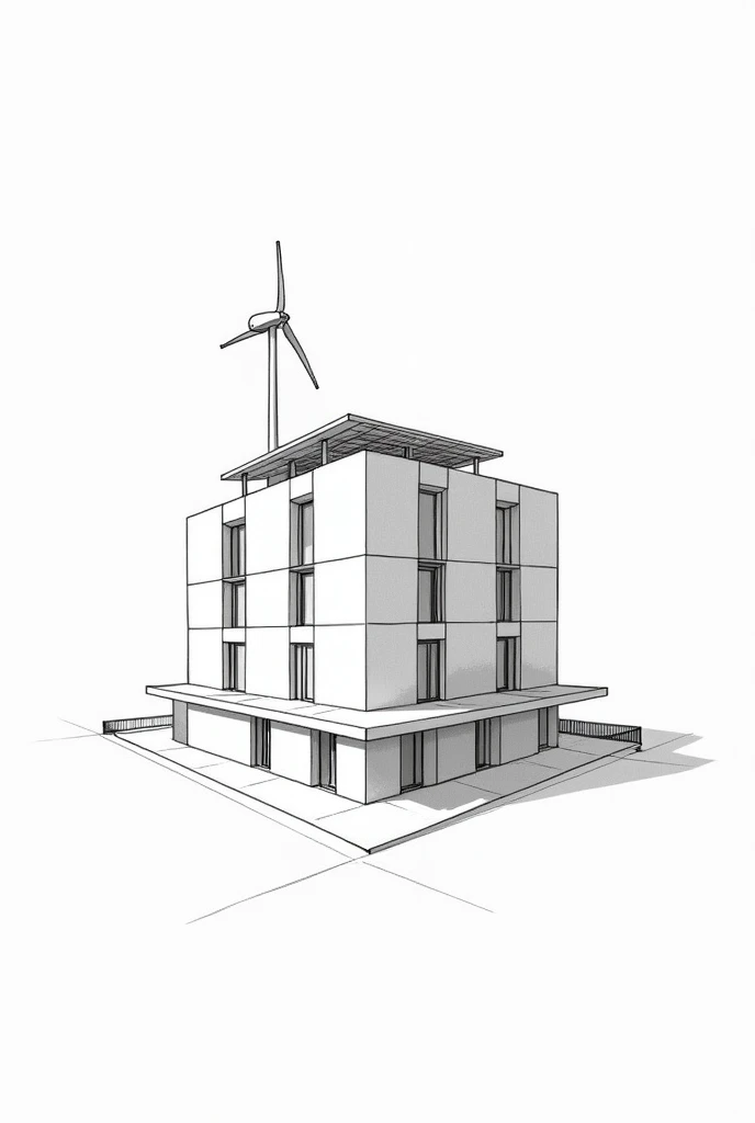 sketch a simple design of apartment house with many doors and with solar panel and windmill black and white lines