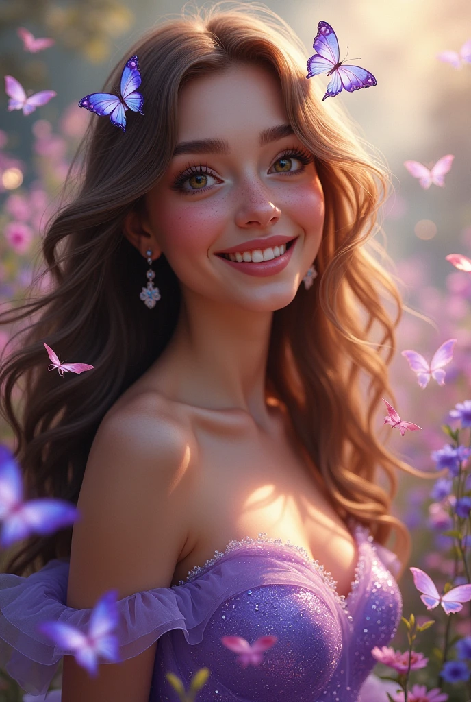 an 1 woman, tender, extremely beautiful with brown hair and honey-colored eyes, laughing happily, full lips, with freckles, lip gloss, small nose, phosphorescent light address, with a purple princess dress, with sparkling crystal butterflies , in a magical flower garden