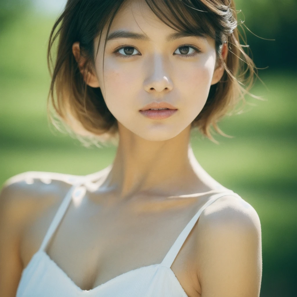 A hyper-realistic close-up image of a single Japanese woman in her early 20s, captured with the nostalgic warmth and subtle graininess of a film camera, focusing on her face and shoulders. Her skin has a warm beige tone with a natural, slightly rough texture that includes visible pores, fine lines, and subtle imperfections such as small blemishes, adding to the authenticity of her appearance. The soft, diffused natural light typical of a sunny summer day casts gentle, warm shadows on her face, enhancing the film-like quality while maintaining the realistic texture of her skin. Her straight, glossy black hair is slightly tousled by a gentle summer breeze, framing her face naturally. She is wearing a light, summery outfit, perhaps with straps visible at the shoulders, that complements her natural beauty and suits the warm weather. The film camera effect introduces a slight grain and a softer focus, giving the image a warm, nostalgic atmosphere while preserving the realism of her skin and features. The overall composition captures the serene and effortless elegance of a summer day, with the focus on the realistic texture of her skin and the timeless quality of the film camera aesthetic.