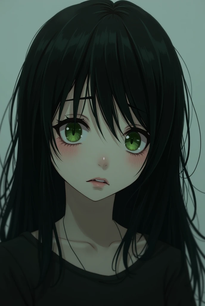 Generates a photo of a sad black-haired girl with long hair and green eyes