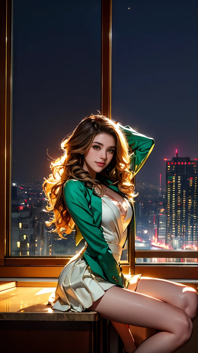 (Very detailed, Realistic, Highest quality, 4K, 8k, High resolution, masterpiece:1.3), An attractive flight attendant with a graceful and elegant figure. Erin Anderson is tall and slender, long, Long, wavy, golden blonde hair styled in loose curls. Long hair that reaches down to the buttocks.She has attractive, friendly, bright green eyes.. She wears a provocative silk uniform, White vertical ruffle silk blouse、Pair it with a blazer jacket, Short flared skirt, Black high heels, Silk scarf, Her attitude is friendly and approachable, With a radiant smile that enhances her warm presence. The background is smooth, A modern private jet parked on the runway, Emphasise your role as an elite flight attendant. This scene captures her polished and professional appearance., highlighting her elegance and the luxurious environment in which she works, (Intricate details, Very finely crafted needles, Very finely crafted fingers, Full-body showcase, Show whole body).(Long hair that reaches down to the buttocks:1.5)((とてもlong髪))(((Sits on a bar chair by the counter in a seductive pose in a stylish bar at night:1.1))),((Place your left hand gently on your chin,right hand holding chest:1.3)),((sitting on a chair, night view terrace background:1.3)),((Smile、Embarrassed smile))、((arms up:1.3))、((Skyscrapers look hazy outside the window:1.4)),