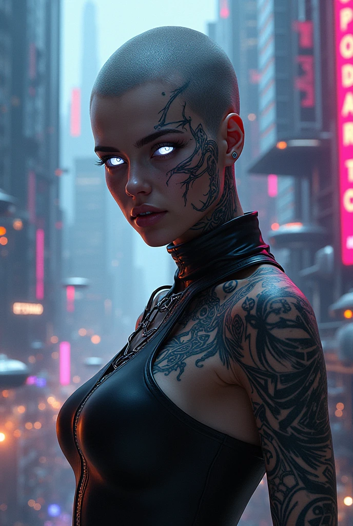 (highly detailed:1.2),(best quality:1.2),(8k:1.0),(emb-rrf-low:1.0),(many many large black tattoos on head and face and eyes:1.2),sharp focus,(award-winning photograph:1.2), (subsurface scattering:1.1) (beautiful detailed young cyborg girl:1.2), (no hair:1.2),(full body:1.2), (dynamic pose:1.2), neon glow, (detailed cybernetic eyes:1.1), close shot (hyperrealistic:1.2), rpg, elden ring style, dramatic lighting, (highly detailed futuristic cityscape:1.2), (scifi:1.2), professional portrait photography, by wlop greg rutkowski jeffrey simpson alphonse mucha