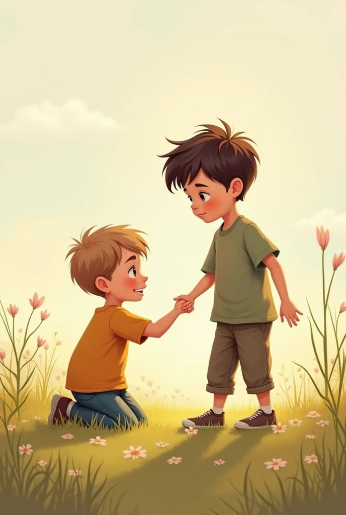 illustration, boy, helping his friend who fell to his feet