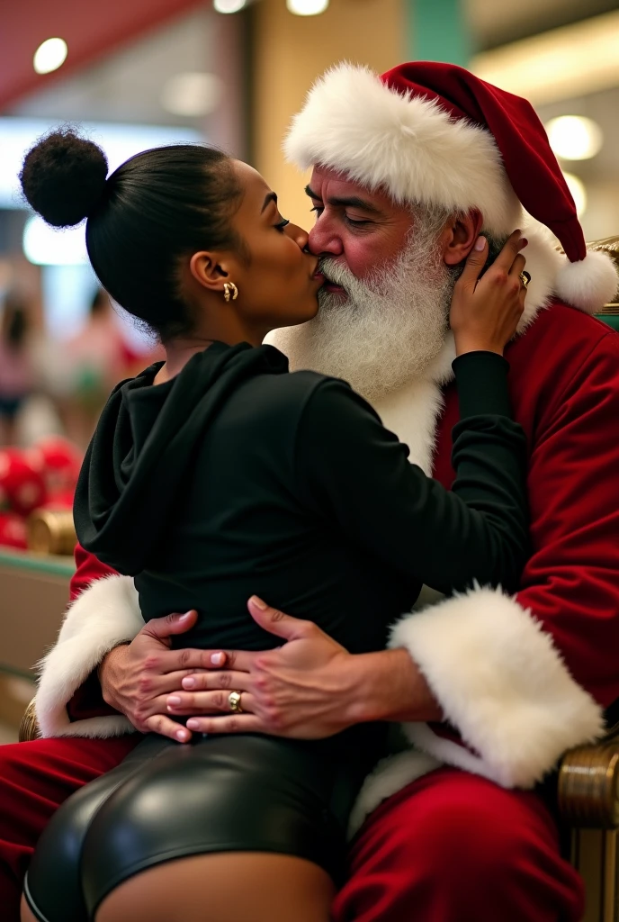 black woman hair in a bun black hoodie black leather short shorts excited and eyes wide open on her face setting in santa claus lap at the mall 8k
backside view low angle on top of santa french kissing and santa got his hands around her waist 