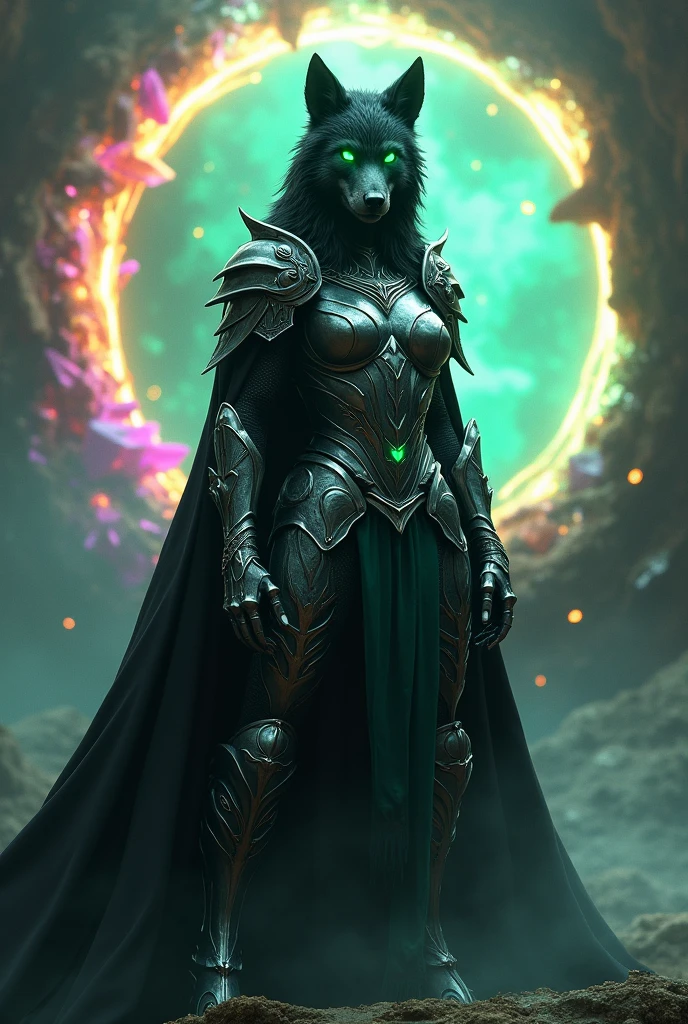dark female werewolf with green eyes wearing a ceremonial black cape and smooth, shiny angelic silver armor. She stands in front of a dimensional portal made of raw rainbow-colored crystals.