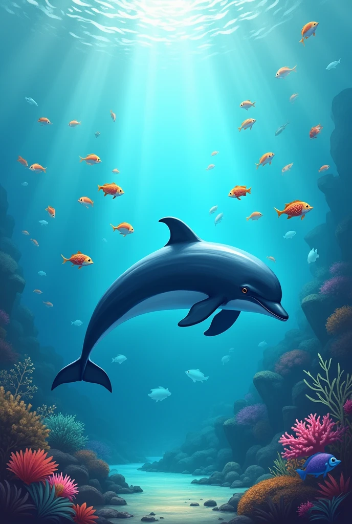 Dolphin at the bottom of the sea with many fish and stressed