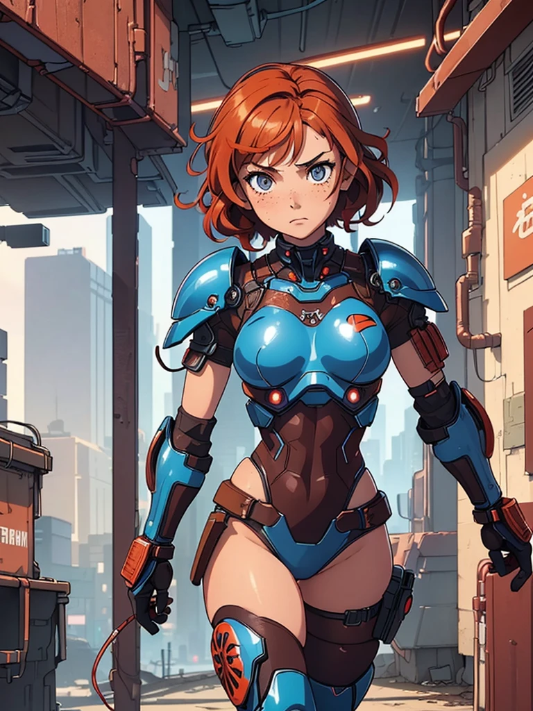 (masterpiece), (best quality), ((one girl)),((red copper hair)),(brown eyes),short hair, curly hair, anime style, freckles, (small breast), (petite figure), legs,(cyberpunk),(blue cyberpunk armor) (full blue body armor),(full leg armor),(almond eyes),(tan skin)