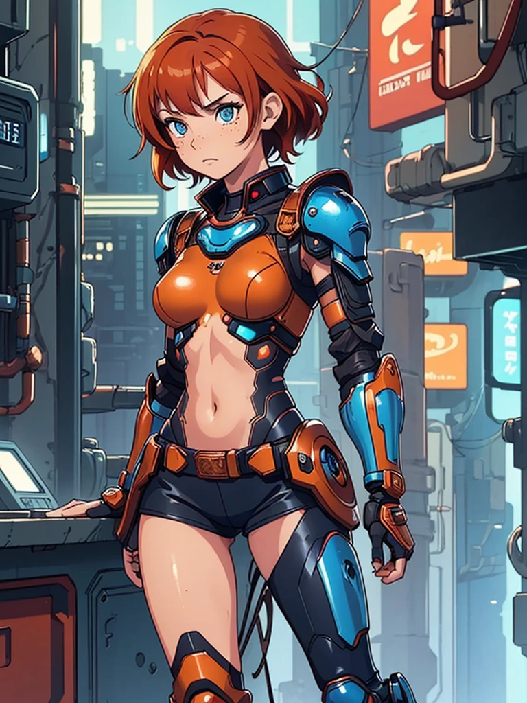 (masterpiece), (best quality), ((one girl)),((red copper hair)),(brown eyes),short hair, curly hair, anime style, freckles, (small breast), (petite figure), legs,(cyberpunk),(blue cyberpunk armor) (full blue body armor),(full leg armor),(almond eyes),(tan skin)