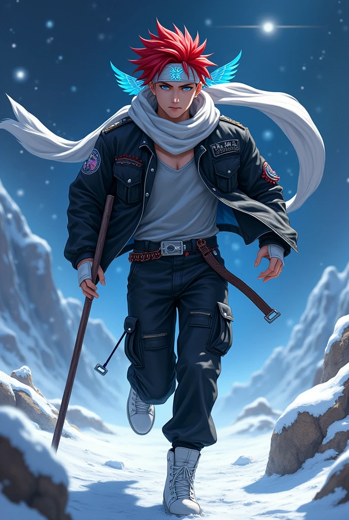 just 1 realistic young man, super handsome man with seductive eyes, looking like the angel lucifer, wonderful eyes, red hair with a hairstyle similar to that of the character Sasuke, but wearing a white bandana on his head, with the symbol of a blue wing, very blue eyes, like the sky extremely clear, Asian, wears a beautiful short black jacket with cyan blue details, gray blouse, with a huge scarf tied around his neck, that crawls to the ground, black pants, military style with pockets and white high-top All Star sneakers, with red details, além de luvas brancas with red details sem dedos de material como couro, and a punk belt with light chains under the shirt. Make him look at the starry sky and the snow, running with a stick, with the scarf in the wind, with the photo in landscape format