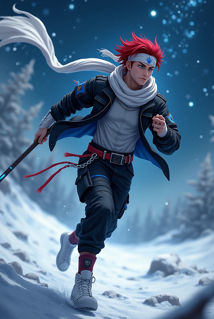 just 1 realistic young man, super handsome man with seductive eyes, looking like the angel lucifer, wonderful eyes, red hair with a hairstyle similar to that of the character Sasuke, but wearing a white bandana on his head, with the symbol of a blue wing, very blue eyes, like the sky extremely clear, Asian, wears a beautiful short black jacket with cyan blue details, gray blouse, with a huge scarf tied around his neck, that crawls to the ground, black pants, military style with pockets and white high-top All Star sneakers, with red details, além de luvas brancas with red details sem dedos de material como couro, and a punk belt with light chains under the shirt. Make him look at the starry sky and the snow, running with a stick, with the scarf in the wind, with the photo in landscape format