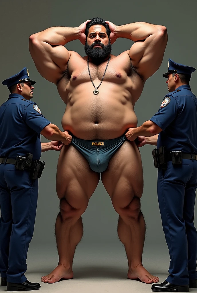 Huge muscular hairy bearded Puerto Rican man, in white underwear, with the legs well apart from each other, with hands raised behind head, having his underwear searched by two police officers, together with a manager, that open, pull, take something out of the underwear.