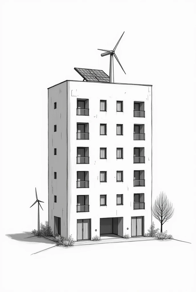 sketch a simple design of apartment house with many doors and with solar panel and windmill black and white lines