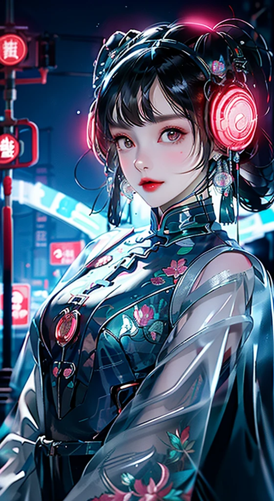 1 girl, Chinese_clothes, liquid silver and pink, cyberhan, cheongsam, cyberpunk city, dynamic pose, glowing headphones, glowing hair accessories, long hair, glowing earrings, glowing necklace, cyberpunk, high-tech city, full of mechanical and futuristic elements, futuristic, technology, glowing neon, pink, pink light, transparent tulle, transparent streamers, laser, digital background urban sky, big moon, with vehicles, best quality, masterpiece, 8K, character edge light, Super high detail, high quality, the most beautiful woman in human beings, micro smile, symmetrical left and right face, an antenna for ears, beautiful pupil light effects, visual data