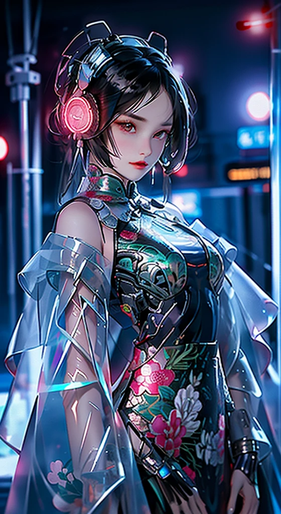 1 girl, Chinese_clothes, liquid silver and pink, cyberhan, cheongsam, cyberpunk city, dynamic pose, glowing headphones, glowing hair accessories, long hair, glowing earrings, glowing necklace, cyberpunk, high-tech city, full of mechanical and futuristic elements, futuristic, technology, glowing neon, pink, pink light, transparent tulle, transparent streamers, laser, digital background urban sky, big moon, with vehicles, best quality, masterpiece, 8K, character edge light, Super high detail, high quality, the most beautiful woman in human beings, micro smile, symmetrical left and right face, an antenna for ears, beautiful pupil light effects, visual data
