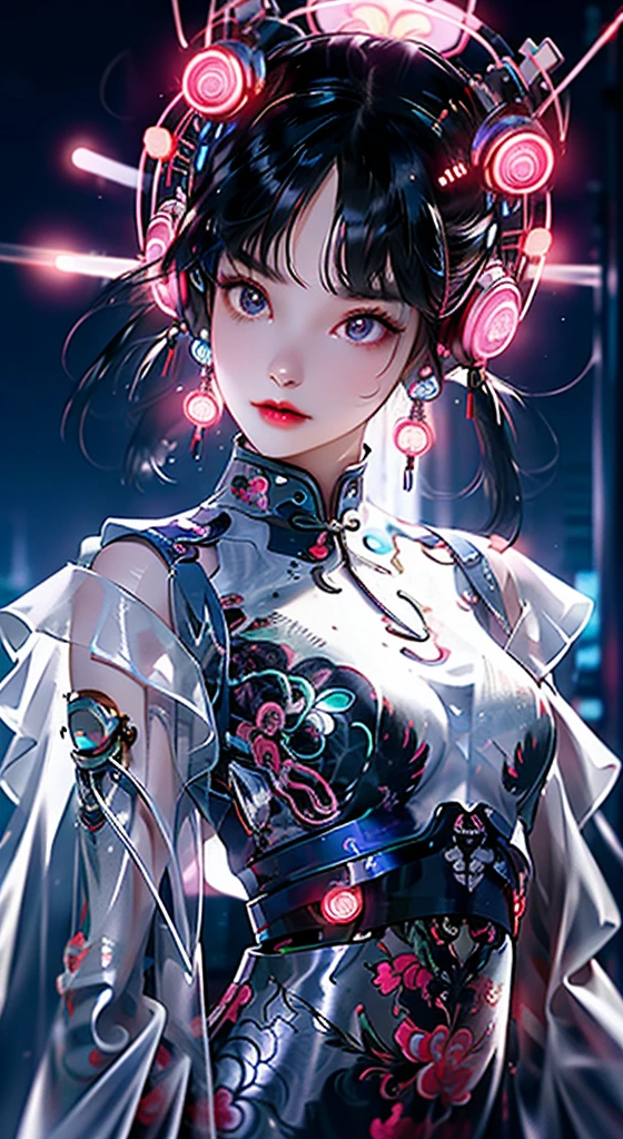 1 girl, Chinese_clothes, liquid silver and pink, cyberhan, cheongsam, cyberpunk city, dynamic pose, glowing headphones, glowing hair accessories, long hair, glowing earrings, glowing necklace, cyberpunk, high-tech city, full of mechanical and futuristic elements, futuristic, technology, glowing neon, pink, pink light, transparent tulle, transparent streamers, laser, digital background urban sky, big moon, with vehicles, best quality, masterpiece, 8K, character edge light, Super high detail, high quality, the most beautiful woman in human beings, micro smile, symmetrical left and right face, an antenna for ears, beautiful pupil light effects, visual data