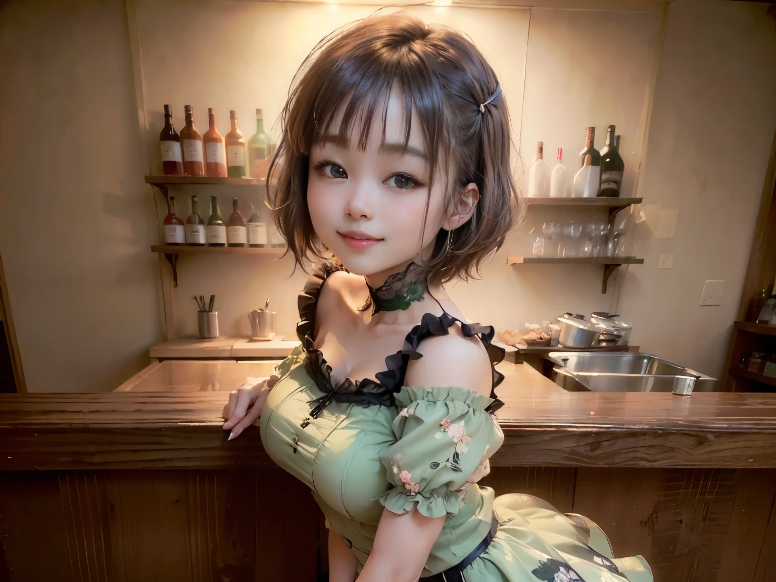 (Highest quality, masterpiece, Ultra-high resolution, 8k, RAW Photos, Realistic, Anatomically correct:1.5), 20-year-old girl:1.2, Embarrassing, avert your eyes, blush:1.0, View Viewer, ((bar)) 、Large windows、Night view、 Light:1.2, Bokeh, Cinema Lighting:1.0, Depth of written boundary, sharp、 Cute Face、Idol、(Black short sleeve lace top)、(Black tulle skirt)、(Green clothes)、(Floral clothes)、”dwarf”、(Full Body Shot)、(Side angle)、Cowboy Shot、( smile)、((Ultra short hair、Berry Short))、(Straight bangs)、((See-through))、(( One woman))、look back、I can see your belly button、