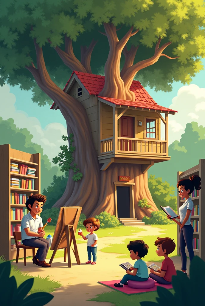 A vibrant outdoor scene features a father standing next to a large treehouse he has just built. Nearby, an artist is sitting at an easel, drawing a picture for a small child who is watching closely. In another part of the scene, a nurse is gently giving medicine to a patient who is sitting in a chair. In the background, a librarian is offering books to a group of children who are sitting in a cozy reading corner filled with cushions and bookshelves. The setting is warm and sunny, with lush greenery and a peaceful atmosphere.