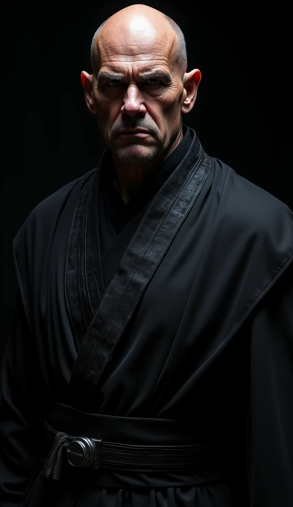 {A hyper-realistic close-up shot of a Lord Sith, capturing the region from his chest to the top of his head. The Lord Sith stands with a powerful and commanding presence, facing the viewer directly with a serious and intimidating expression. He has a shaved head and appears to be around 2, with a strong, well-built physique, the result of years of rigorous training with the masters of the dark Jedi order. His broad chest and muscular build are clearly evident under the traditional dark, intricately detailed Sith robes that fit snugly around his torso. The fabric of the robes subtly highlights the contours of his powerful physique, adding to his menacing aura. The setting is shrouded in total darkness, with the Sith Lord emerging from the shadows, creating a sense of mystery and danger. The background is completely black, focusing all attention on the Sith Lord’s intense gaze, chiseled features, and formidable posture. The photograph is taken in a cinematic style, using one of the world’s most advanced cameras, ensuring extreme clarity and detail. The lens is highly sensitive, capturing every nuance of the Lord Sith’s expression, the textures of his robes, and the strength of his physique. The lighting is carefully controlled, casting a dramatic spotlight on his face and upper chest, while the rest of the scene remains in shadow. The image is rendered in stunning 8K and 4K resolution, with meticulous post-processing to enhance the sharpness, contrast, and depth, delivering a photo with unparalleled clarity and impact.}

--ar 4:3 --v 5.1 --q 2 --style hyper-realistic --hd 8k, 4k --details intricate --sharpness extreme --contrast high --lighting dramatic spotlight --atmosphere dark and ominous --background complete darkness --camera hasselblad h6d-400c ms --lens 85mm portrait --iso 50 --shutter_speed 1/200s --focus_highlight Lord Sith's face, expression, and muscular chest --render ultra-detailed --hdr true --depth_of_field shallow