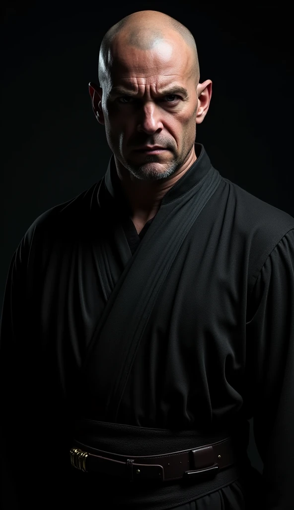 {A hyper-realistic close-up shot of a Lord Sith, capturing the region from his chest to the top of his head. The Lord Sith stands with a powerful and commanding presence, facing the viewer directly with a serious and intimidating expression. He has a shaved head and appears to be around 2, with a strong, well-built physique, the result of years of rigorous training with the masters of the dark Jedi order. His broad chest and muscular build are clearly evident under the traditional dark, intricately detailed Sith robes that fit snugly around his torso. The fabric of the robes subtly highlights the contours of his powerful physique, adding to his menacing aura. The setting is shrouded in total darkness, with the Sith Lord emerging from the shadows, creating a sense of mystery and danger. The background is completely black, focusing all attention on the Sith Lord’s intense gaze, chiseled features, and formidable posture. The photograph is taken in a cinematic style, using one of the world’s most advanced cameras, ensuring extreme clarity and detail. The lens is highly sensitive, capturing every nuance of the Lord Sith’s expression, the textures of his robes, and the strength of his physique. The lighting is carefully controlled, casting a dramatic spotlight on his face and upper chest, while the rest of the scene remains in shadow. The image is rendered in stunning 8K and 4K resolution, with meticulous post-processing to enhance the sharpness, contrast, and depth, delivering a photo with unparalleled clarity and impact.}
--ar 4:3 --v 5.1 --q 2 --style hyper-realistic --hd 8k, 4k --details intricate --sharpness extreme --contrast high --lighting dramatic spotlight --atmosphere dark and ominous --background complete darkness --camera hasselblad h6d-400c ms --lens 85mm portrait --iso 50 --shutter_speed 1/200s --focus_highlight Lord Sith's face, expression, and muscular chest --render ultra-detailed --hdr true --depth_of_field shallow