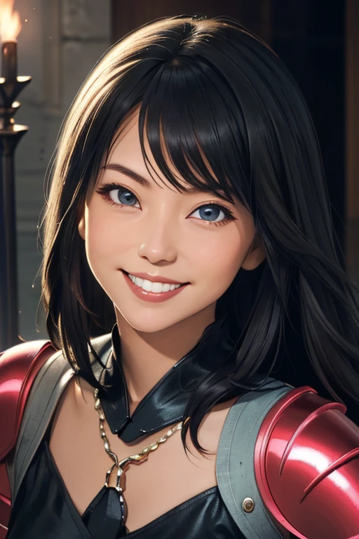 Highest quality High resolution Simple Inside the Dark Castle:2.0 暗い石でできたDungeonsのような廊下 Torch Light Long Bangs Adult female Beautiful girl in iron armor Casual expression cute smile Beautiful Eyes One Woman long side hair Very black hair Shiny long hair Straight hair cute目 Dungeons ((head to foot:1.8))