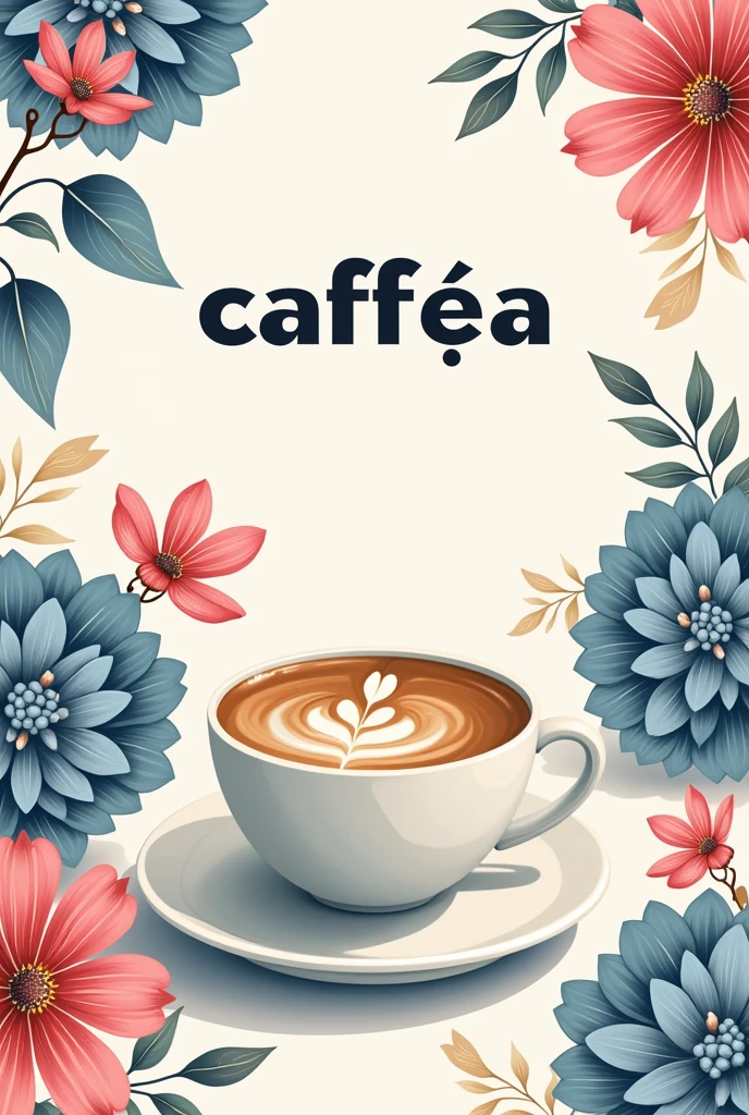 A stylize Italian espresso cups with a cherry blossom in the center, thai floral patterns, and white blue and red colors, and a modern sans-serif font for "Caffeña."