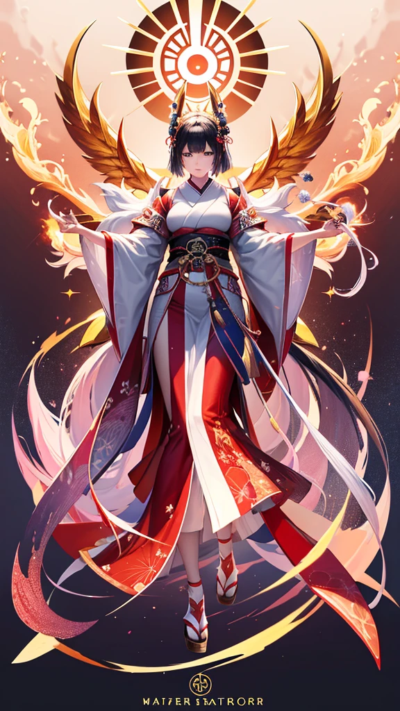 I would like a Japanese woman to create an image of a Japanese god on her back. I want you to pay attention to detail. I'm a professional graphic designer. High quality CG. Full body