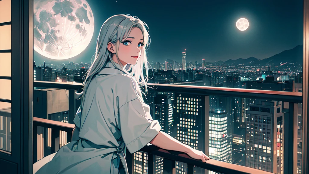 (masterpiece), highest quality, Cyan eyes, Light grey hair, Expressive eyes, Jorhaya, Looking out from the balcony of a high-rise apartment building, 80's Japanese style woman, Night Sky, Cityscape, View Viewer, City lights, Dramatic Light, Calm face,Smiling、Full moon night