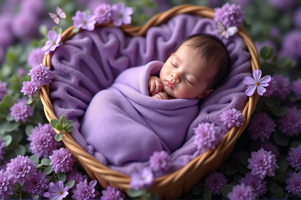 purple blanket on a  in a hear shape basket with purple flowers, butterfly fling around the babypped in flowers, violet colored theme, purple themed, inspired by Anne Geddes, violet theme, draped in purple, bed of flowers on floor, maternal photography 4 k, lovely and cute, girl in a bed of flowers, cute photo, purple and pink, beautiful cute, covered with flowers