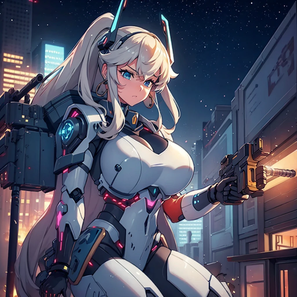 Electronic illustrations of women with mechanized armor and guns in outer space, one girl, breasts, ships, weapons, military vehicles, mecha girls, guns, big breasts, space battleships, science fiction, aircraft, cleavage, weapons hold and look at the viewer,Robot-Girl,GTS, Giantess Female Giant, huge girl in the valley between buildings, skyscraper area, big city, cleavage ,a drawing of a , earrings, long hair, 1980s (style)