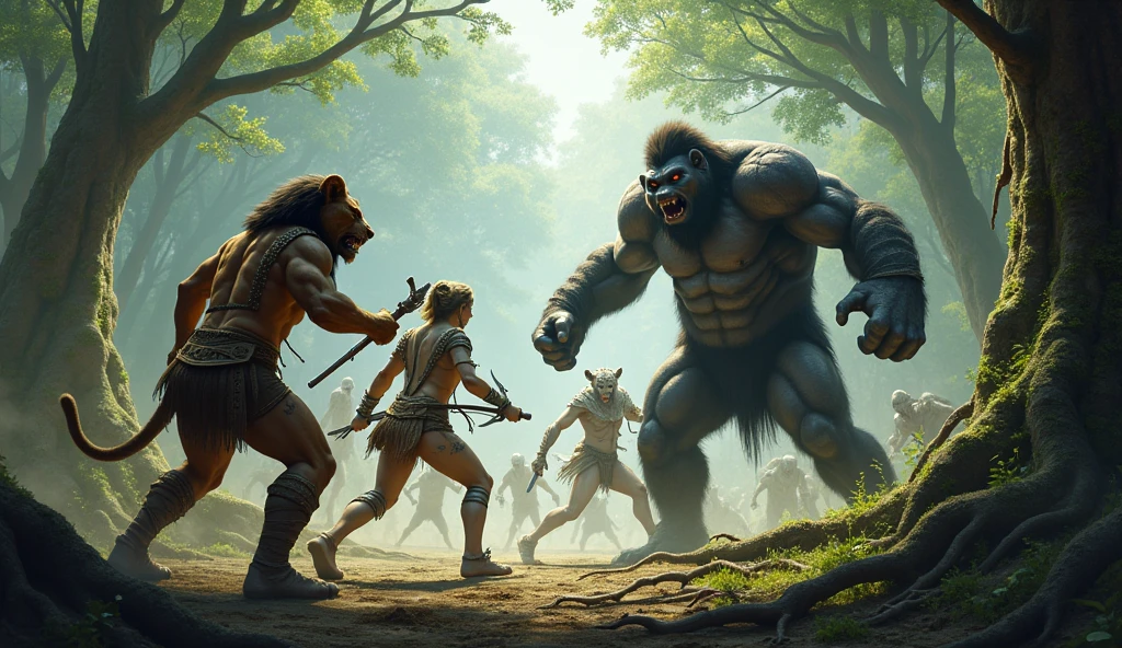 A humanoid warrior lion, a humanoid warrior white tigress and a humanoid gorilla, tariagens com sigla PWW, fighting zombies in the forest