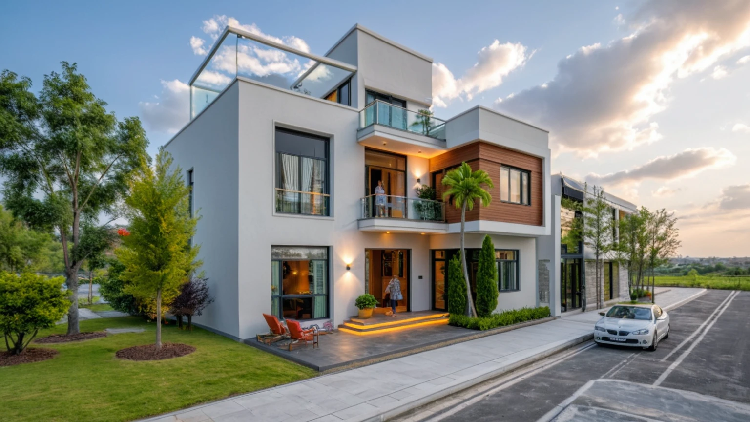 Masterpiece, high quality, best quality, authentic, super detail, outdoors, onestoreyvillaXL, aiaigroup, house style modern on the street ,stairs, white wall ,road,pavement, grass, trees, sky, cloud, (daylight:1.1)
