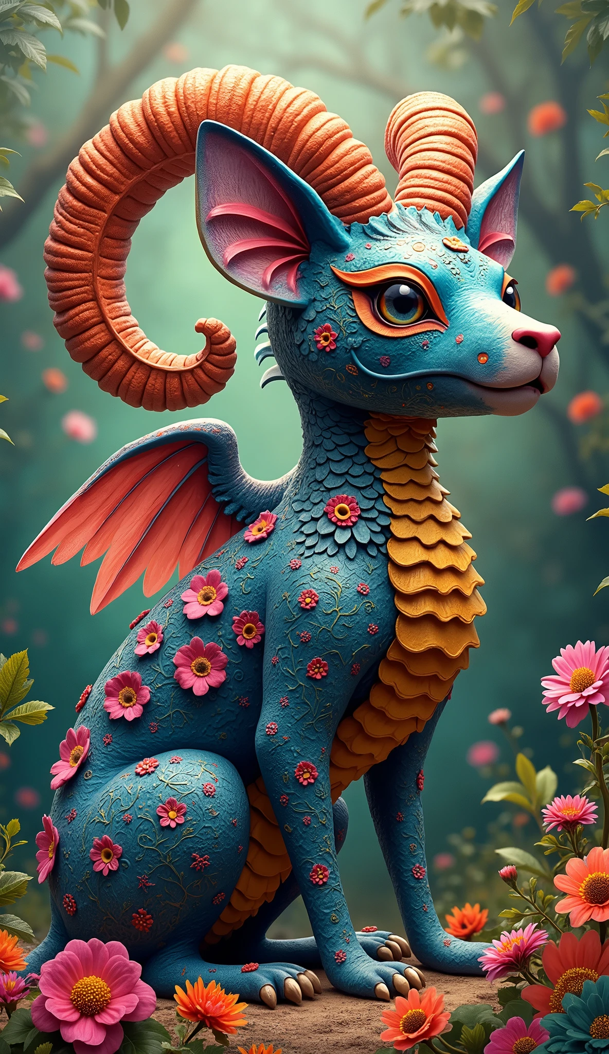 "Create an illustration of an imaginary animal alebrije formed from the mixture of several animals that can belong to any animal kingdom. They combine in a single being, physiognomic elements of various animals, both real and imaginary,