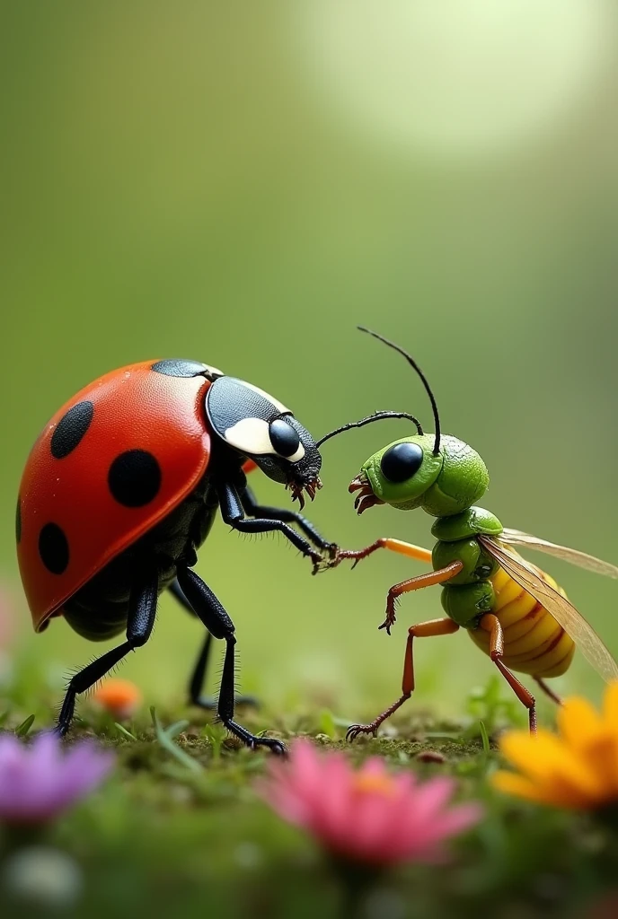 A ladybug boxing against an aphid