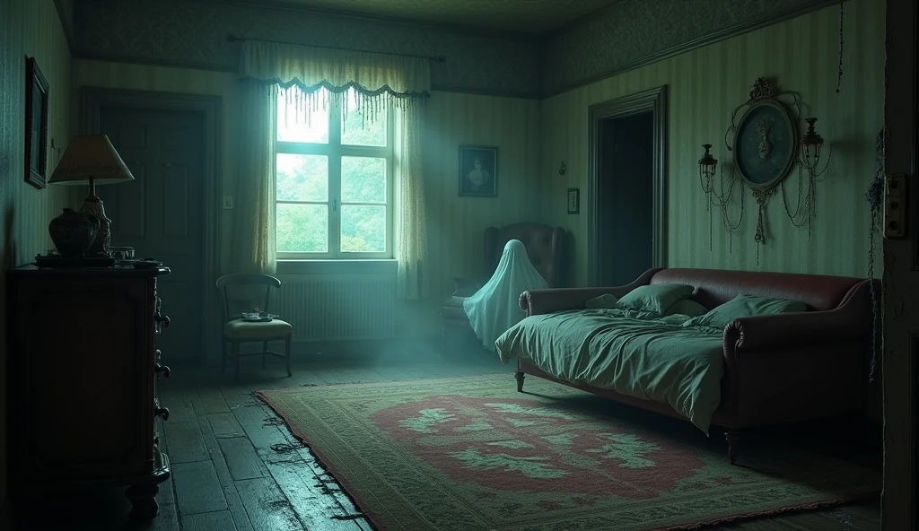 make an illustration of a haunted house room where things move, spirits inhabit and the supernatural has taken over, make it with an ultra-realistic tone, rich in details
