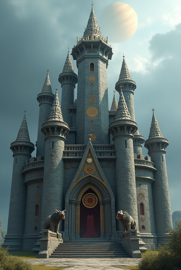 Create a mystical and fantastic castle in 3D .
With astrological symbols and meanings of the planet Saturn With seven main equal towers .
Have an animal archetype guarding both sides of the main entrance door