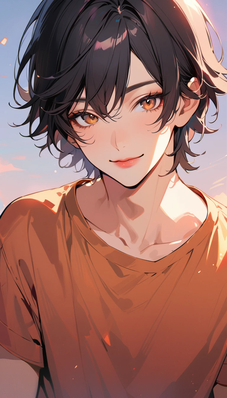 1man, solo, short hair, 1, black hair, wear shirt, brown eyes, smile, looking at viewer, lips, upper body, closed mouth,