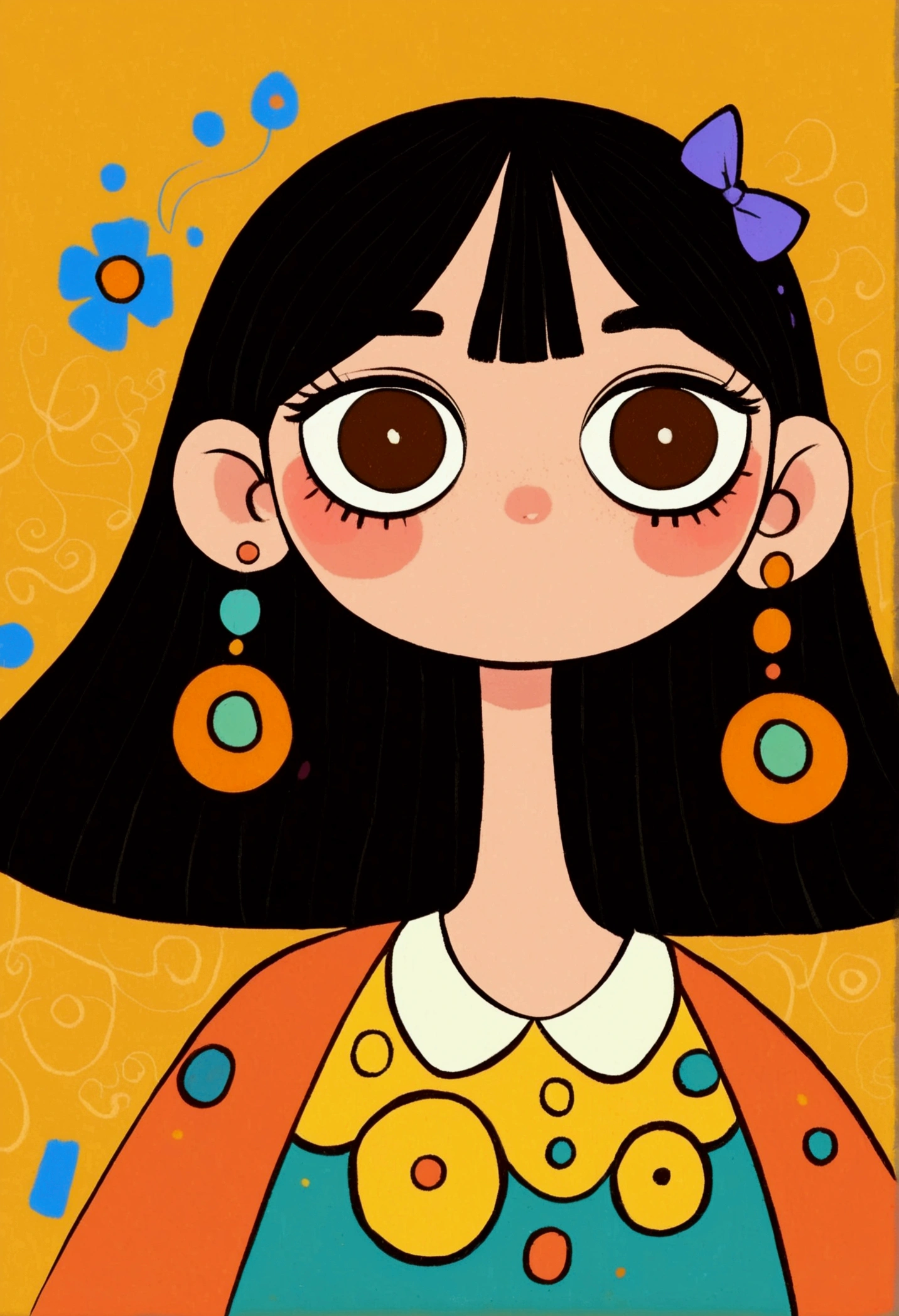 Flat Wind，Vector，Childish art cartoon，Cartoon girl with black hair and big earrings,big eyes，Cute expression，Bangs，Minimalism， White collar，Lovely art style, rich and colorful! Digital illustration style, The art of math. rich and colorful comic, Hand drawn cartoon art style，Solid color background，Black Lines