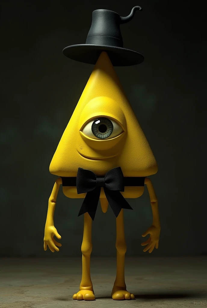 You can generate a yellow triangle with only one eye and realistic, and that it has a black bow and a black hat that only has arms and legs and that the triangle is terrifying 