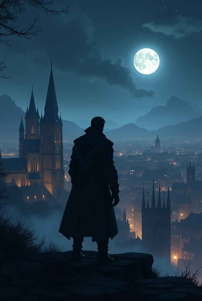 Make a silhouette of a man and face a large medieval city at night 