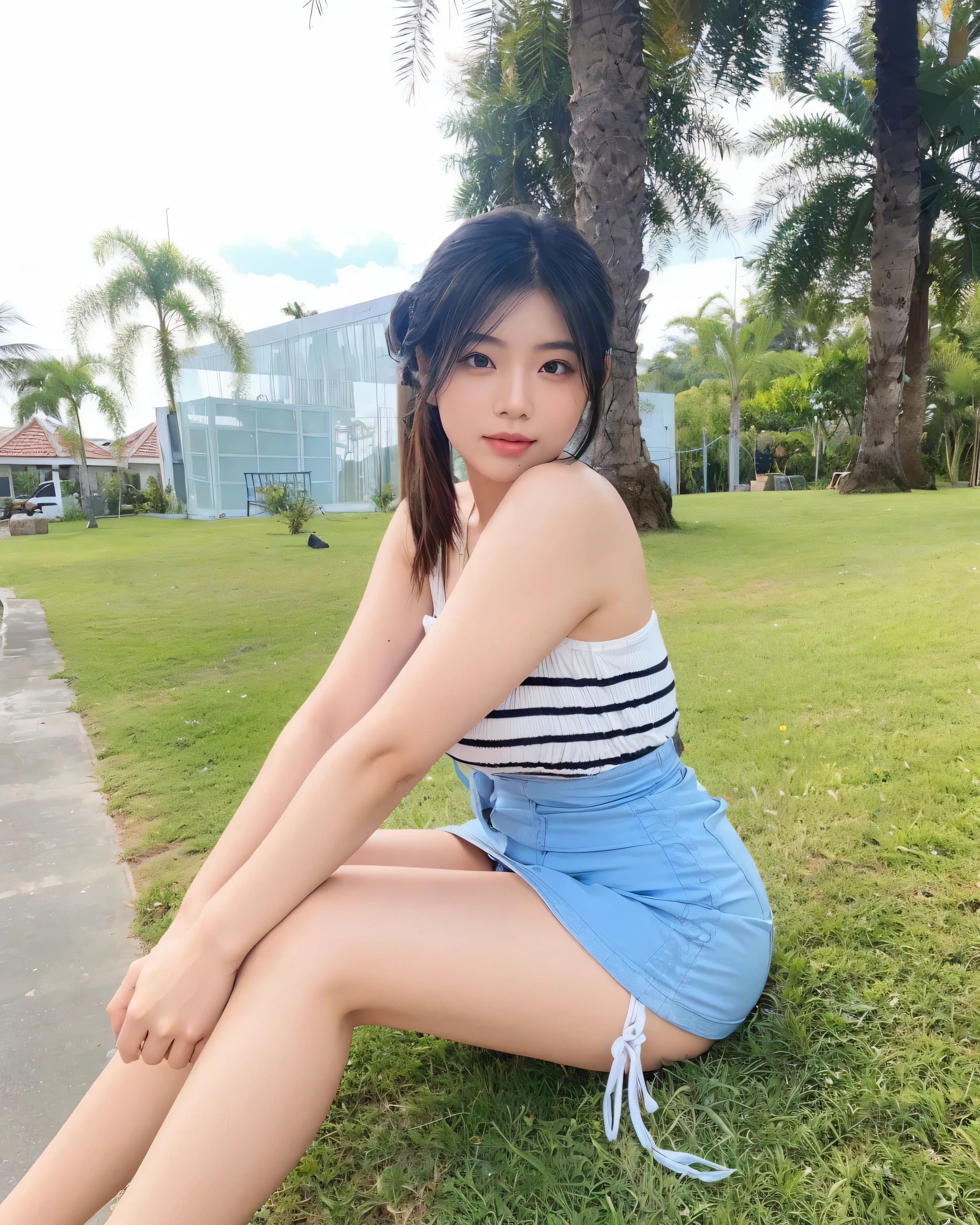 best quality, 8k, highly detailed face and skin texture, big booty long hair asian girl in blue short latex dress at balcony with sea view, looking at viewer, back view, sharp focus