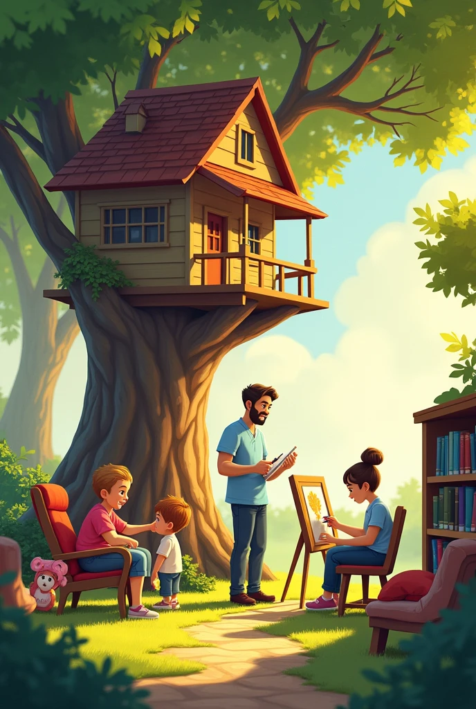 A vibrant outdoor scene features a father standing next to a large treehouse he has just built. Nearby, an artist is sitting at an easel, drawing a picture for a small child who is watching closely. In another part of the scene, a nurse is gently giving medicine to a patient who is sitting in a chair. In the background, a librarian is offering books to a group of children who are sitting in a cozy reading corner filled with cushions and bookshelves. The setting is warm and sunny, with lush greenery and a peaceful atmosphere.