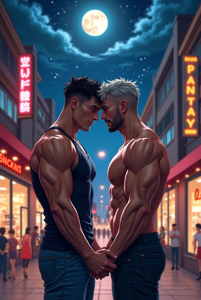 Highest quality、masterpiece、High resolution、(Two manly men:1.5)、(Shaved head:1.2)、On the left is a muscular man with black hair wearing a tank top、On the right is a clothed, muscular young man with grey hair、Adjacent in the center of the screen、Holding hands、I'm shopping、Shopping street at night、full moon、Starry Sky、Gay