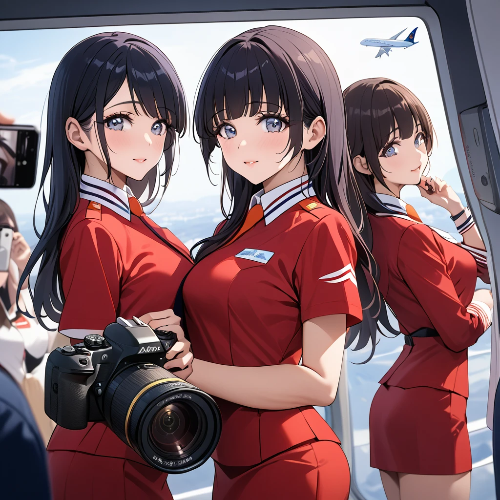 ((Highest quality)), ((masterpiece)), (detailed), (Perfect Face)、The woman is Reika Aoki with semi-long hair、The woman is a flight attendant for a Chinese airline.、Flight attendants in red uniforms taking photos for a promotional poster